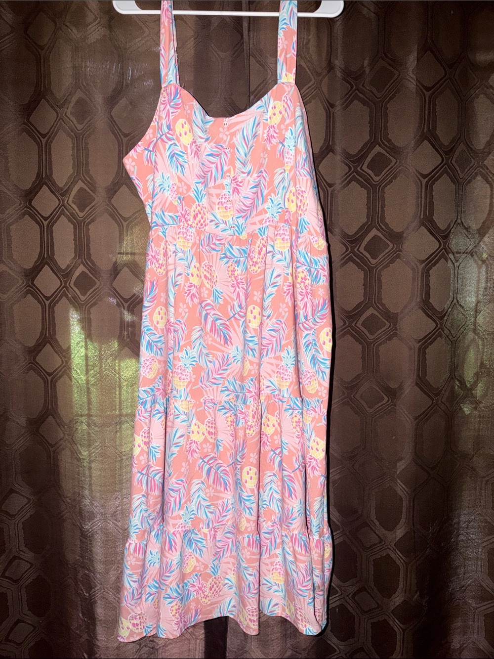 Simply Southern Pink Tropical Maxi Dress with Blue and Yellow Accents